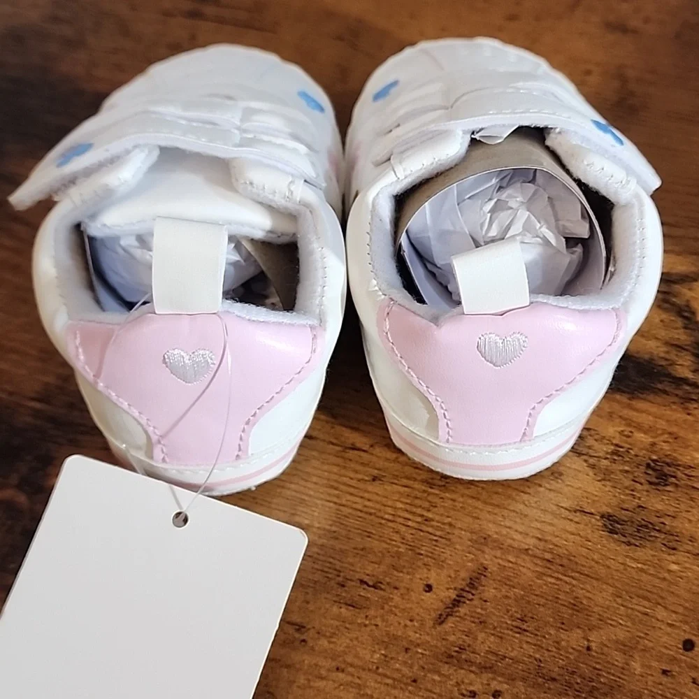 White and Blue Heart Baby Shoes Unisex Pu Leather Anti Slip Soft Soled Crawing